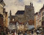 尤金 布丹 : Abbeville, Street and the Church of Saint-Vulfran